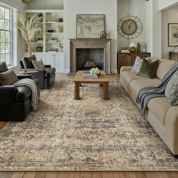 BERTHMEER 6'x9' Washable Area Rugs for Living Room Vintage Brown Bedroom Kitchen Rugs Non Slip Carpets Office Farmhouse Dorm Dining Room Oriental Traditional Distressed Rugs
