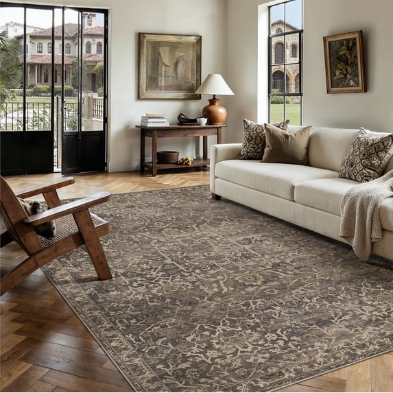 BERTHMEER 6'x9' Washable Area Rugs for Living Room Vintage Brown Kitchen Rugs for Bedroom Non Slip Carpets Home Office Farmhouse Dorm Dining Room Oriental Traditional Distressed Rugs