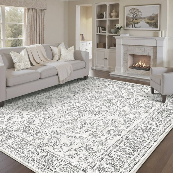 BERTHMEER 6'x9' Washable Area Rugs for Living Room Vintage Gray Kitchen Bedroom Rugs Non Slip Gray Carpets Office Farmhouse Dorm Dining Room Oriental Traditional Distressed Rugs