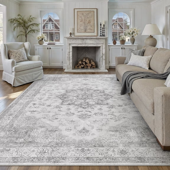 BERTHMEER 6'x9' Washable Area Rugs for Living Room Vintage Gray Rugs for Bedroom Kitchen Non Slip Carpets Office Farmhouse Dorm Dining Room Oriental Traditional Distressed Rugs
