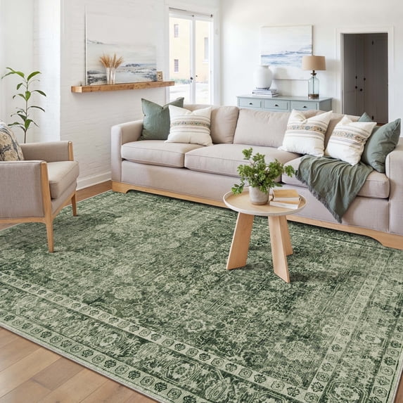 BERTHMEER 6'x9' Washable Area Rugs for Living Room Vintage Green Rugs for Bedroom Kitchen Non Slip Carpets Office Farmhouse Dorm Dining Room Oriental Traditional Distressed Rugs