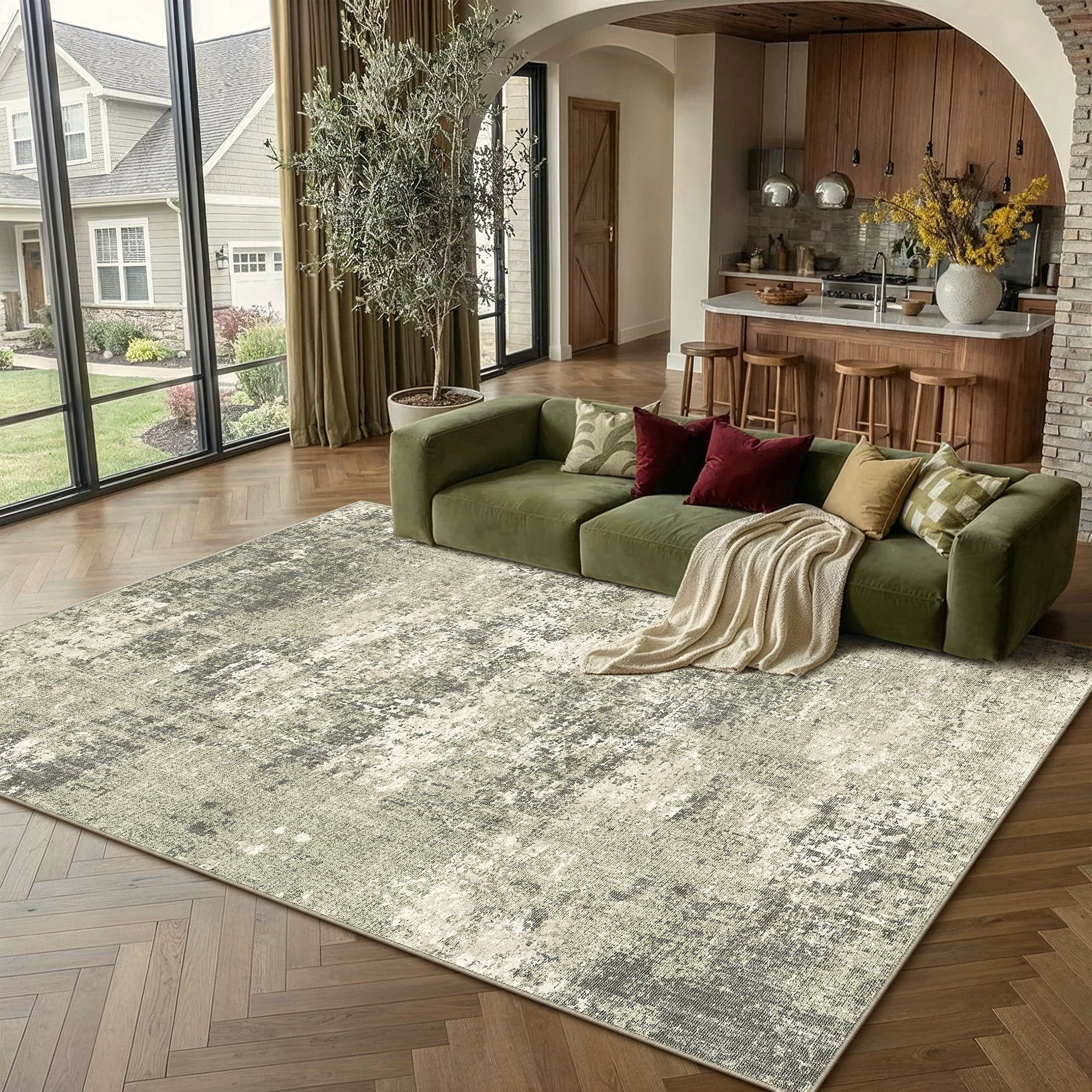 berthmeer 6'x9' washable area rugs for living room bedroom dining room office farmhouse non-slip abstract modern contemporary distressed rugs, green