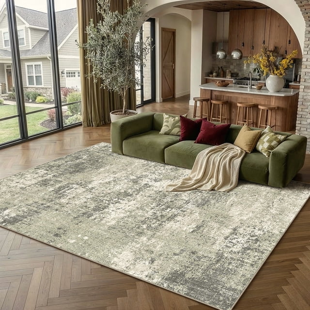 BERTHMEER 6'x9' Washable Area Rugs for Living Room Bedroom Dining Room Office Farmhouse Non-slip Abstract Modern Contemporary Distressed Rugs, Green