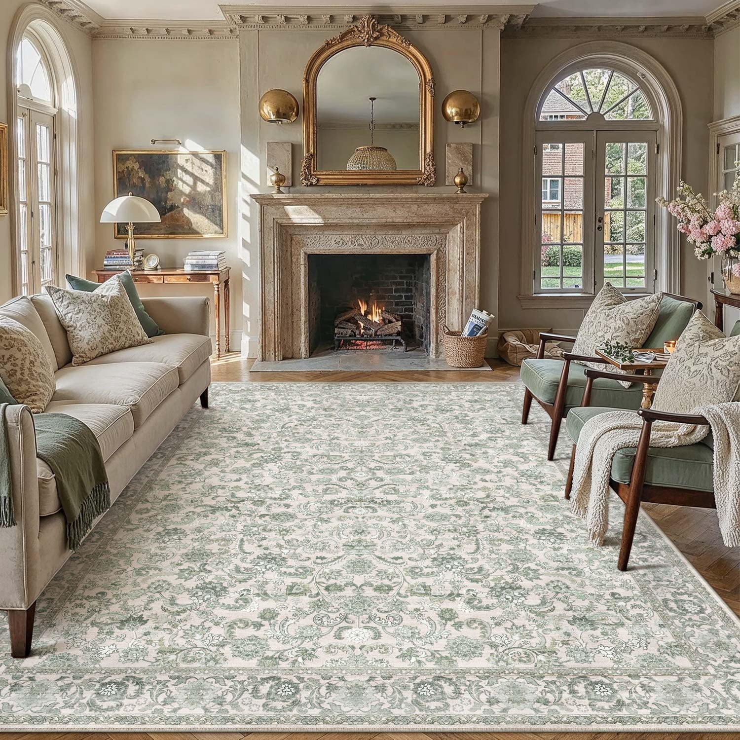 berthmeer 6'x9' washable area rugs for living room bedroom kitchen non slip green vintage dorm office dining room farmhouse oriental distressed rugs