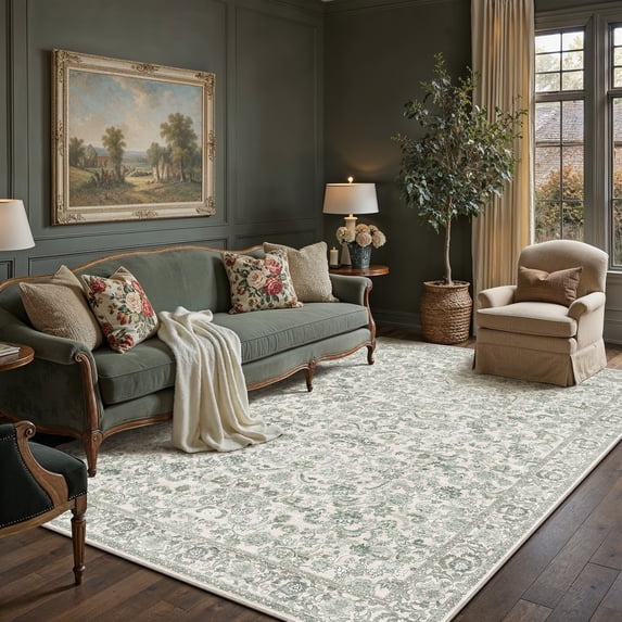 BERTHMEER 6'x9' Washable Area Rugs for Living Room Bedroom Kitchen Non Slip Green Vintage Dorm Office Dining Room Farmhouse Oriental Distressed Rugs