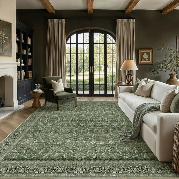 BERTHMEER 6'x9' Washable Green Area Rugs for Living Room Bedroom Kitchen Rugs Non Slip Vintage Traditional Dorm Office Dining Room Farmhouse Oriental Distressed Rugs
