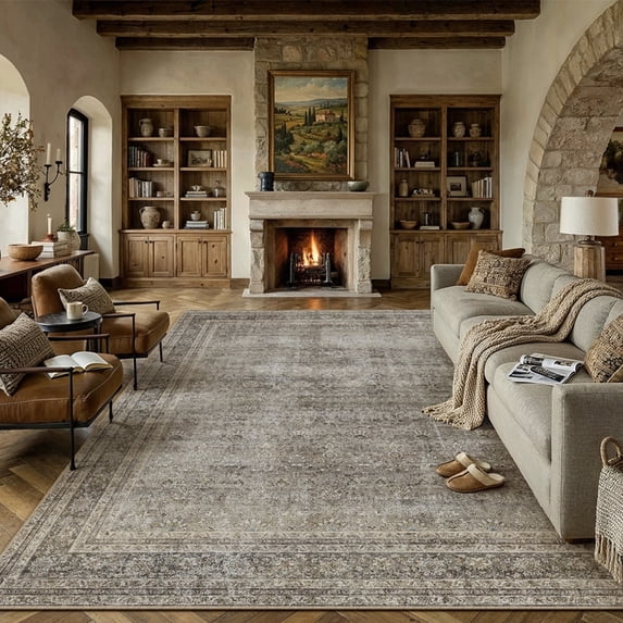 BERTHMEER 6'x9' Washable Mossy Gray Area Rugs for Living Room Bedroom Kitchen Rugs Non Slip Vintage Traditional Office Dining Room Farmhouse Oriental Distressed Rugs