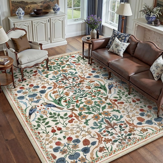 BERTHMEER 6'x9' Area Rugs for Living Room Rugs for Bedroom Kitchen Office Rugs Vintage Beige Floral Carpets Machine Washable Farmhouse Dining Room Oriental Flower Non Slip Rugs, Multicolor