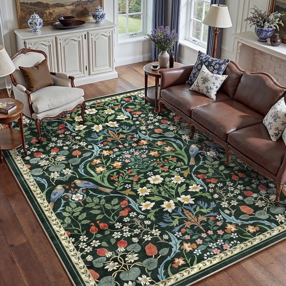 BERTHMEER 6'x9' Area Rugs for Living Room Bedroom Kitchen Office Rugs Vintage Green Floral Carpets Machine Washable Farmhouse Dining Room Oriental Flower Non Slip Rugs, Multicolor