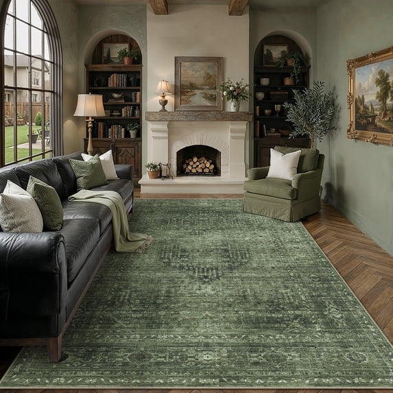 BERTHMEER 6x9 Washable Area Rugs for Living Room Vintage Green Bedroom Dining Room Carpets Non-Slip Soft Low Pile Traditional Distressed Oriental Indoor Throw Rug for Office Cloakroom