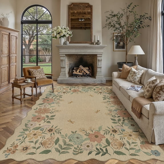 BERTHMEER 8'×10' Area Rugs for Living Room Bedroom Beige Modern Dining Room Farmhouse Office Playroom Contemporary Washable Easy-jute Rugs Floral Insect Dragonfly Butterfly Pattern Rugs, Multicolor