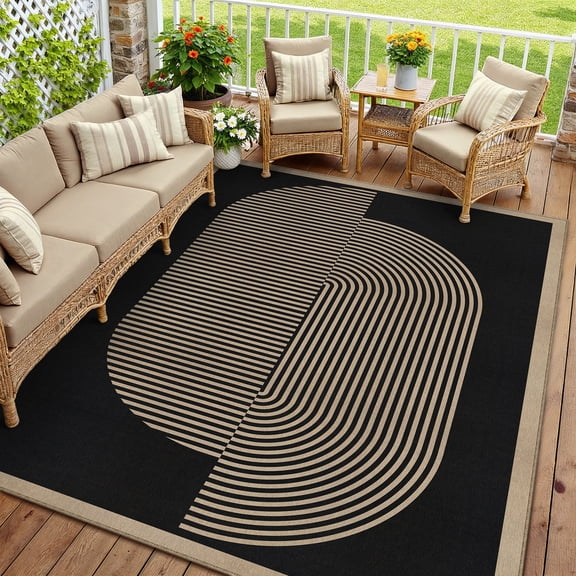 BERTHMEER 8'x10' Large Easy Jute Area Rugs for Living Room, Washable Outdoor Patio Rugs Indoor Outdoor Carpet for Farmhouse Neutral Geometric Non Slip Black Rugs for Bedroom Dining Room