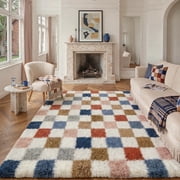BERTHMEER 8'x10' Large Shag Area Rugs for Living Room Bedroom Office Dorm Plush Soft Checkered Fluffy Geometric Modern Contemporary Carpets Indoor, Multicolor