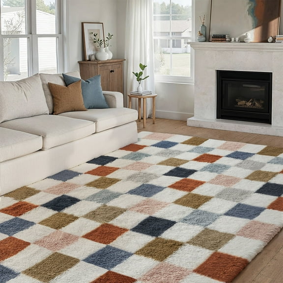 BERTHMEER 8'x10' Large Shag Area Rugs for Living Room Bedroom Dining Room Plush Pile Soft Checkered Fluffy Geometric Modern Indoor Carpets Rugs,Multicolor