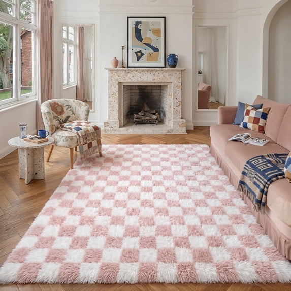 BERTHMEER 8'x10' Large Shag Ultra-Soft Area Rugs,Fluffy Rugs Carpets for Living Room Bedroom High-Plie Soft Checkered Rugs, Pink White