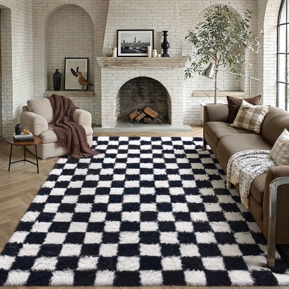 BERTHMEER 8'x10' Shag Ultra-Soft Area Rugs,Fluffy Rugs Carpets for Living Room Bedroom High-Plie Soft Checkered Rugs, Black White