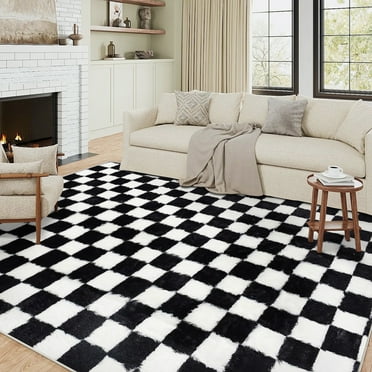 BERTHMEER 8'×10' Shag Ultra-Soft Area Rugs，Fluffy Rugs Carpets for Living Room Nursery Bedroom High-Plie Soft Checkered Rugs, Black White
