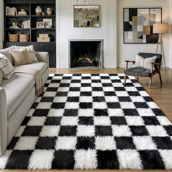 BERTHMEER 8'x10' Shag Ultra-Soft Area Rugs,Fluffy Rugs Carpets for Living Room Bedroom High-Plie Soft Checkered Rugs, Black White