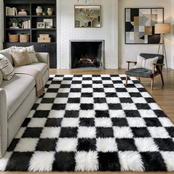 BERTHMEER 8'x10' Shag Ultra-Soft Area Rugs，Fluffy Rugs Carpets for Living Room Bedroom High-Plie Soft Checkered Rugs, Black White