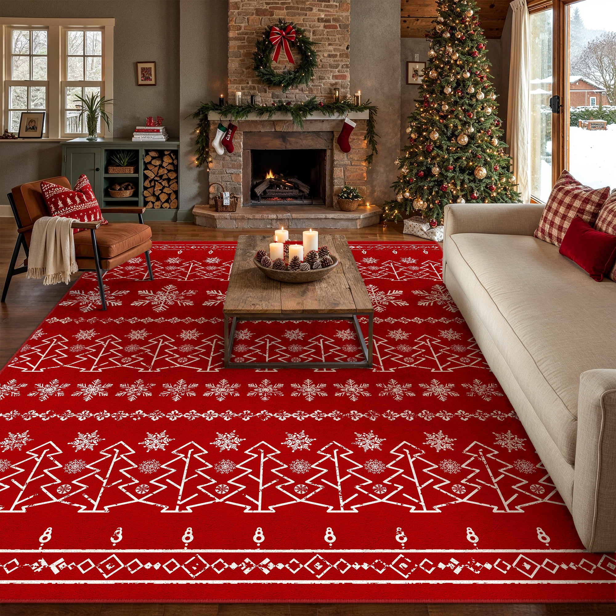 BERTHMEER 8'X10' Large Christmas Area Rug Red Christmas Snowflake Modern Rugs for Living Room Dining Room Bedroom Soft Machine Washable Non-slip Rug,Red