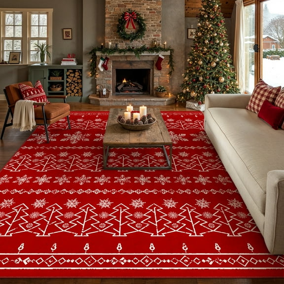 BERTHMEER 8'X10' Large Christmas Area Rug Red Christmas Snowflake Modern Rugs for Living Room Dining Room Bedroom Soft Machine Washable Non-slip Rug,Red