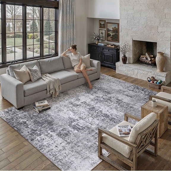 BERTHMEER 8' x 10' Gray Abstract Area Rugs for Living Room Bedroom Dining Room Office Farmhouse Distressed Stain Resistant Machine Washable Non-slip