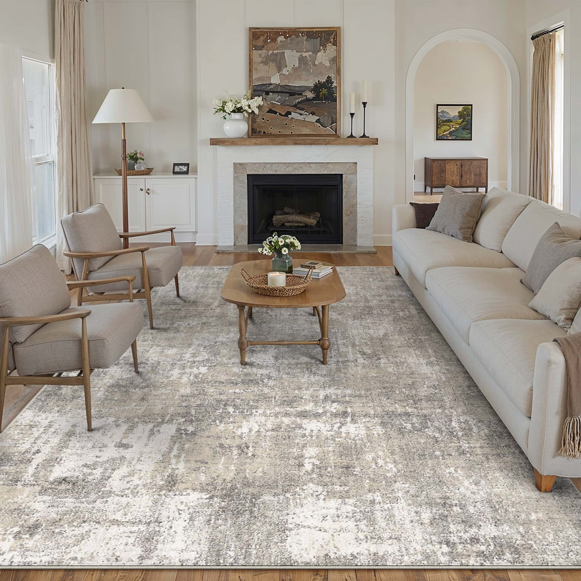berthmeer 8'x10' abstract area rugs for living room bedroom dining room office farmhouse distressed machine washable non-slip, beige gray