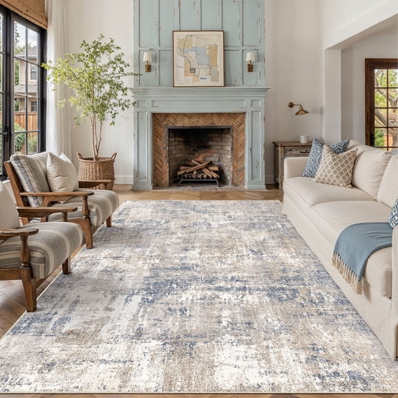 BERTHMEER 8'x10' Abstract Area Rugs for Living Room Bedroom Dining Room Office Farmhouse Distressed Machine Washable Non-slip, Blue