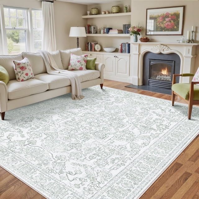 BERTHMEER 8'x10' Area Rugs Green Vintage Carpets for Living Room Bedroom Office Machine Washable Boho Farmhouse Dining Room Oriental Rugs Non Slip Traditional Distressed Rugs