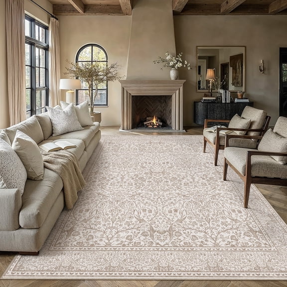 BERTHMEER 8'x10' Area Rugs for Living Room Bedroom Dining Room Office Oriental Vintage Farmhouse Machine Washable Non-slip Traditional Distressed Large Rugs Carpets, Light Brown