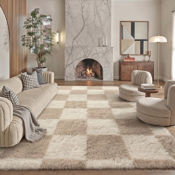 BERTHMEER 8'x10' Washable Shag Area Rugs for Living Room Bedroom Dinning Room Large Checkered Soft Fluffy Modern Fuzzy Plush Soft Rugs Carpets, Beige