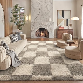 BERTHMEER 8'x10' Large Washable Shag Area Rugs for Living Room Bedroom Dinning Room Fluffy Checkered Modern Geometric Plush Fuzzy Soft Rugs Carpets, Gray