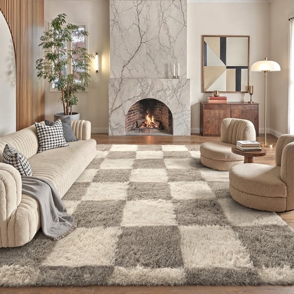 BERTHMEER 8'x10' Large Washable Shag Area Rugs for Living Room Bedroom Dinning Room Fluffy Checkered Modern Geometric Plush Fuzzy Soft Rugs Carpets, Gray