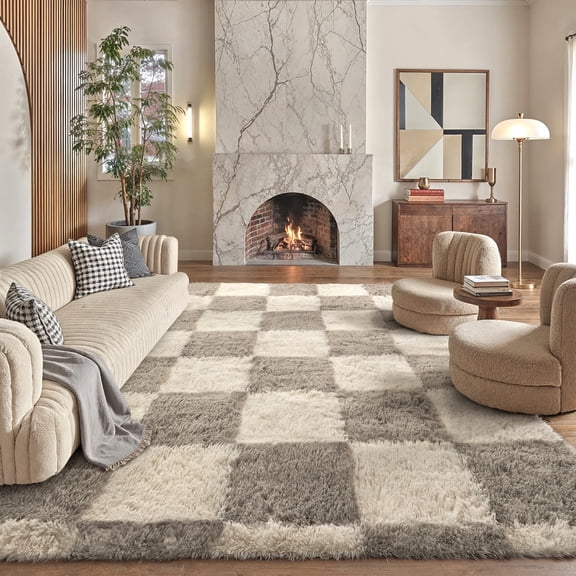 BERTHMEER 8'x10' Large Washable Shag Area Rugs for Living Room Bedroom Dinning Room Fluffy Checkered Modern Geometric Plush Fuzzy Soft Rugs Carpets, Gray