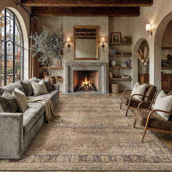BERTHMEER 8'x10' Area Rugs for Living Room Bedroom Office Dining Room Farmhouse Large Brown Rugs Vintage Oriental Traditional Distressed Non Slip Washable Rugs Carpets