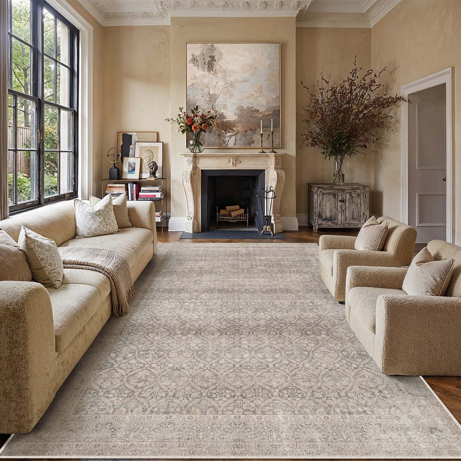 berthmeer 8'x10' area rugs for living room bedroom office dining room farmhouse oriental rugs non slip traditional oriental vintage distressed rugs carpets,beige