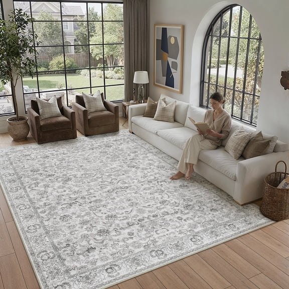 BERTHMEER 8'x10' Area Rugs for Living Room Bedroom Office Dining Room Farmhouse Vintage Gray Large Oriental Rugs Non Slip Washable Traditional Distressed Rugs Carpets