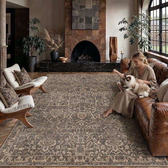 BERTHMEER 8'x10' Area Rugs for Living Room Bedroom Vintage Brown Carpets Kitchen Office Machine Washable Farmhouse Dining Room Oriental Rugs Non Slip Traditional Distressed Rugs