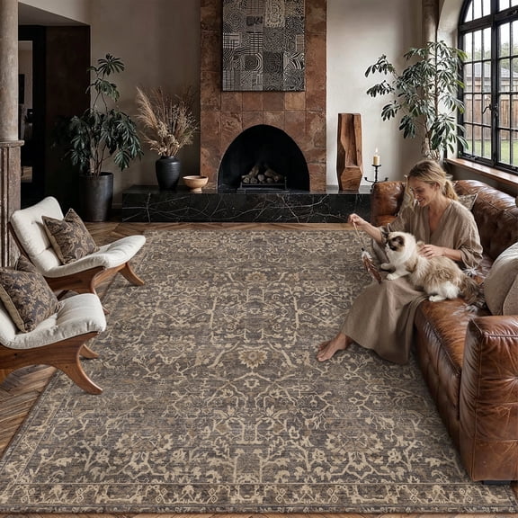 BERTHMEER 8'x10' Area Rugs for Living Room Bedroom Vintage Brown Carpets Kitchen Office Machine Washable Farmhouse Dining Room Oriental Rugs Non Slip Traditional Distressed Rugs