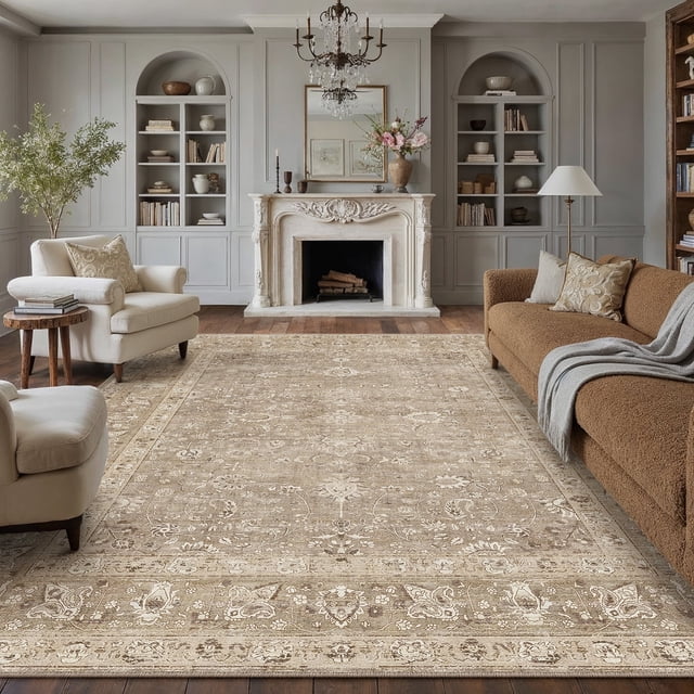 BERTHMEER 8'x10' Area Rugs for Living Room Dining Room Bedroom Farmhouse Office Distressed Vintage Washable Traditional Non Slip Rugs Carpets, Brown