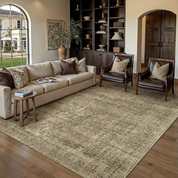 BERTHMEER 8'x10' Area Rugs for Living Room Dining Room Bedroom Farmhouse Office Distressed Vintage Washable Traditional Non-slip Golden Brown Rugs Carpets