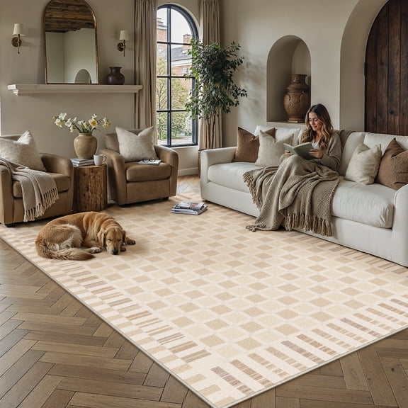 BERTHMEER 8'x10' Area Rugs for Living Room Dining Room Bedroom Farmhouse Office Large Geometric Modern Checkered Carpets Non Slip Machine Washable Rugs,Beige