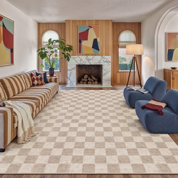BERTHMEER 8'x10' Area Rugs for Living Room Dining Room Bedroom Farmhouse Office Large Geometric Modern Checkered Carpets Non Slip Machine Washable Rugs,Brown
