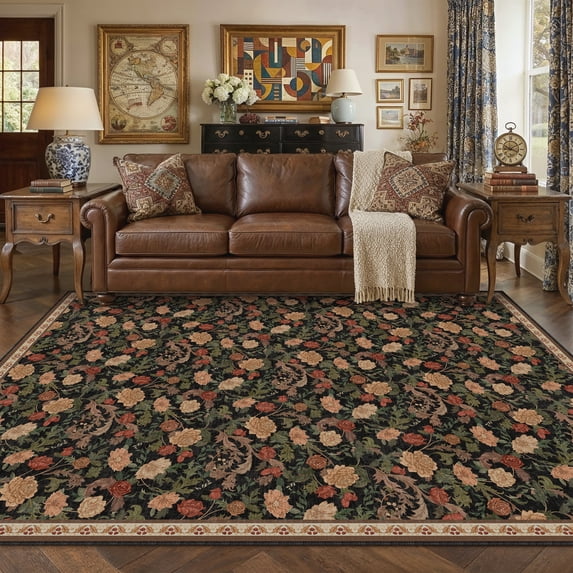 BERTHMEER 8'x10' Area Rugs for Living Room Dining Room Bedroom Farmhouse Office Oriental Vintage Traditional Floral Carpets Non Slip Machine Washable Large Rugs,Black