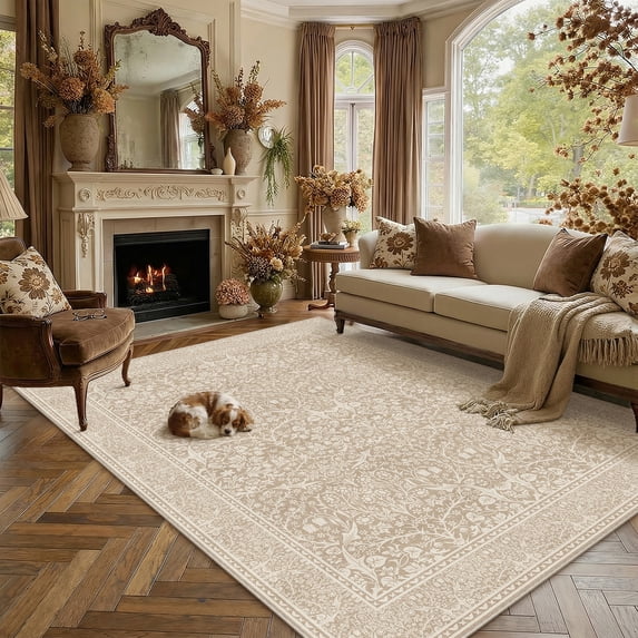BERTHMEER 8'x10' Area Rugs for Living Room Dining Room Bedroom Farmhouse Office Oriental Vintage Traditional Floral Carpets Non Slip Machine Washable Large Rugs,Beige Brown
