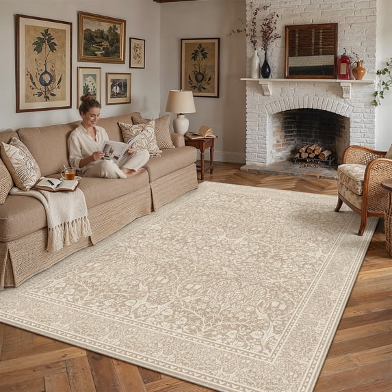 BERTHMEER 8'x10' Area Rugs for Living Room Dining Room Bedroom Farmhouse Office Oriental Vintage Traditional Floral Carpets Non Slip Machine Washable Large Rugs,Beige Brown