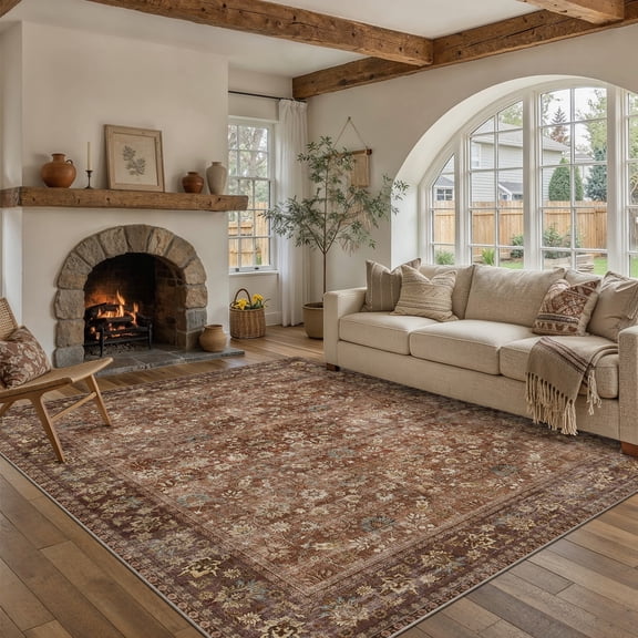 BERTHMEER 8'x10' Area Rugs for Living Room Dining Room Bedroom Farmhouse Office Oriental Vintage Traditional Floral Non Slip Machine Washable Large Rugs Carpets, Red