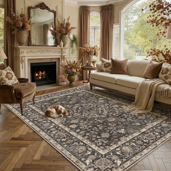 BERTHMEER 8'x10' Area Rugs for Living Room Dining Room Farmhouse Bedroom Office Oriental Vintage Traditional Carpets Non Slip Machine Washable Large Rugs,Black