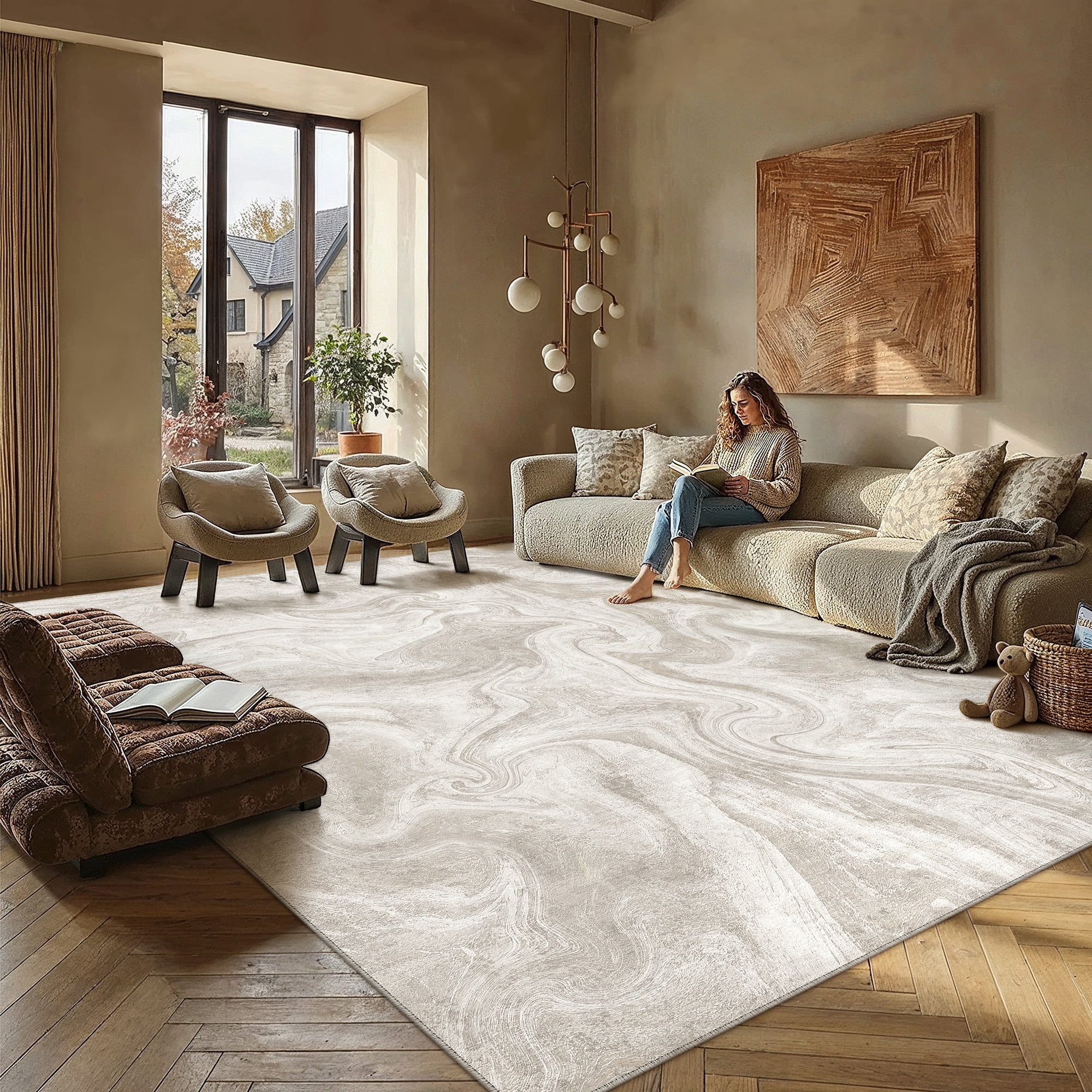 berthmeer 8'x10' area rugs for living room large abstract bedroom dining room farmhouse modern machine washable non-slip contemporary large rugs,beige
