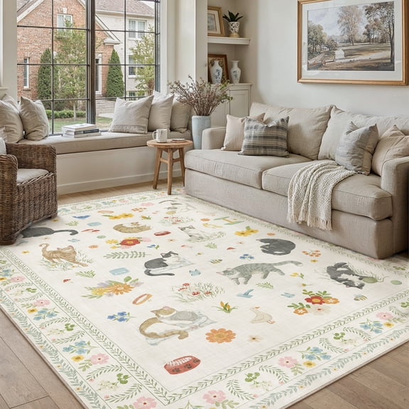 BERTHMEER 8'x10' Area Rugs for Living Room Large Beige Modern Cat Pattern Rugs for Bedroom Office Machine Washable Farmhouse Dining Room Rugs Non Slip Contemporary Floral Carpets